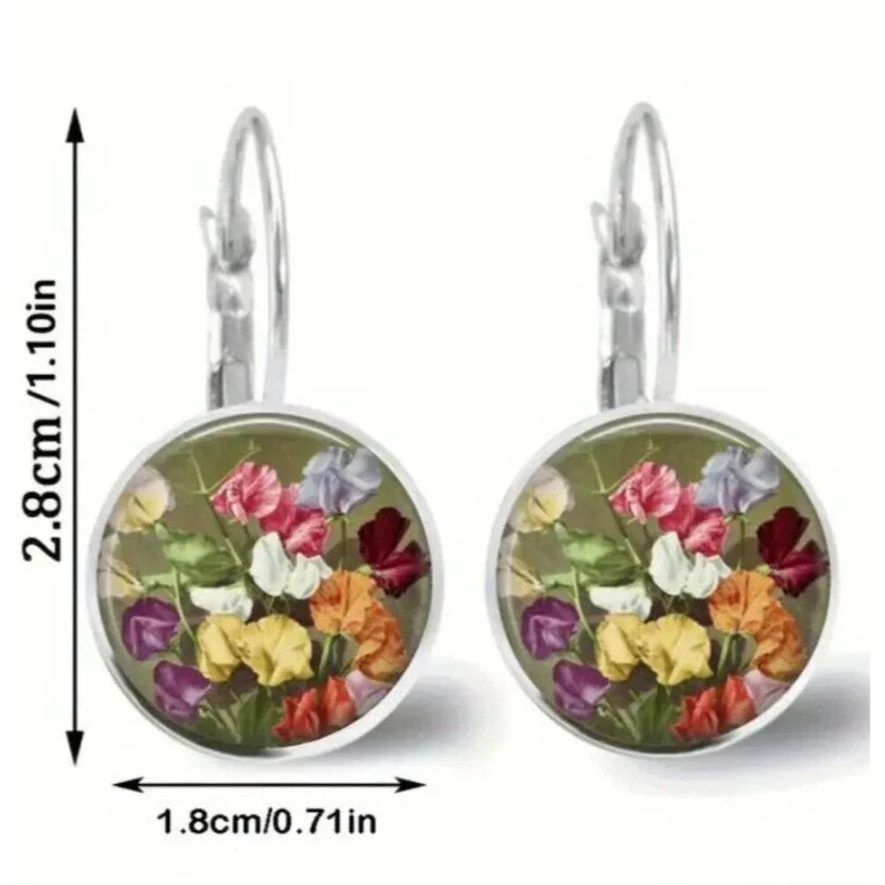 Antique Gold Round Floral Flowers Sage Green Back Earrings